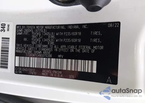 2022 Toyota Sienna Xse z USA, uszkodzony, nr VIN 5TDXSKFC4NS070398